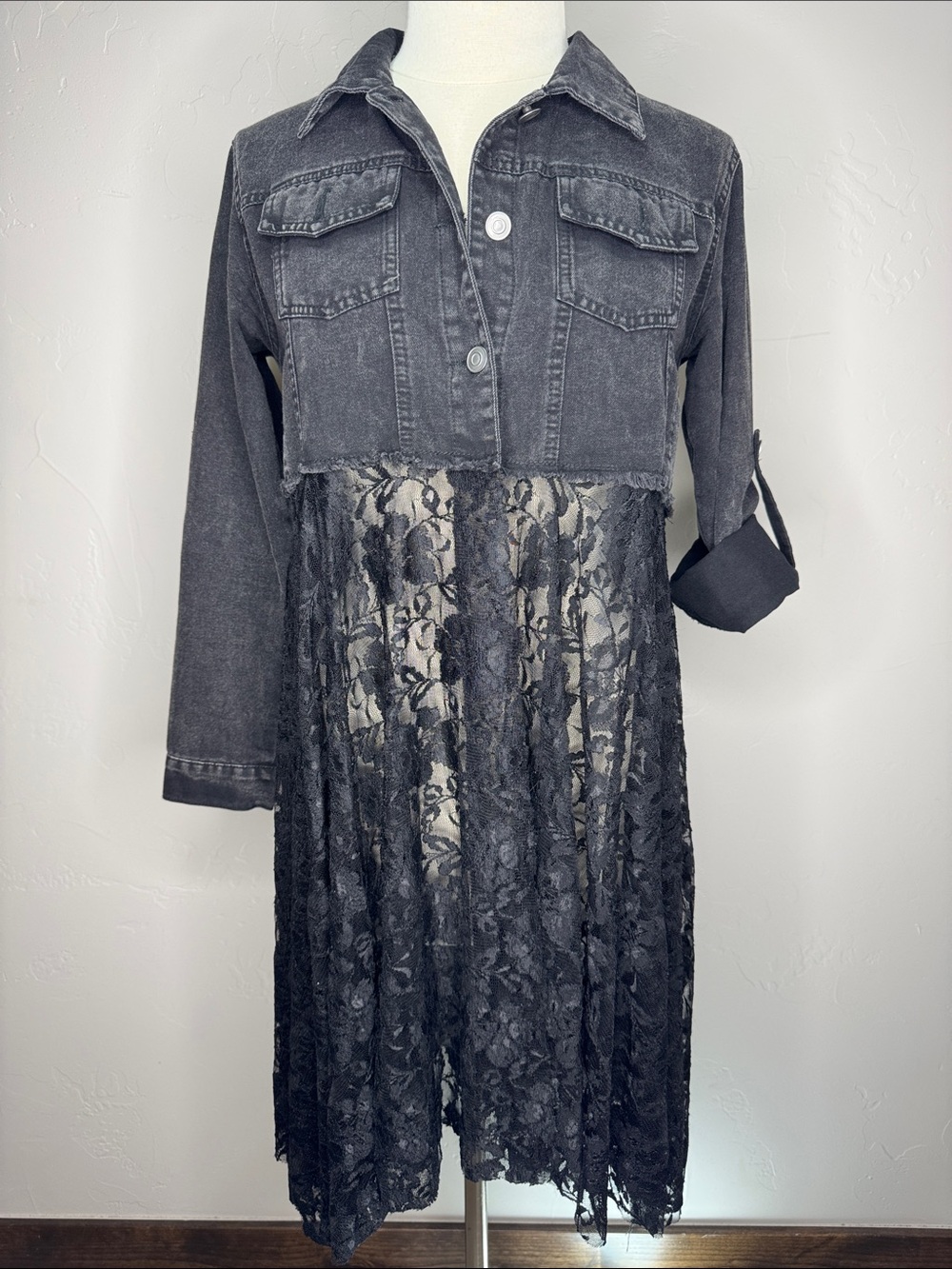 Origami by Vivien Black Denim Jacket Cardigan with Hi Low Black Lace Bottom